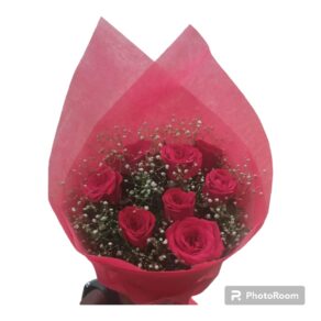 8 red roses with red paper packing